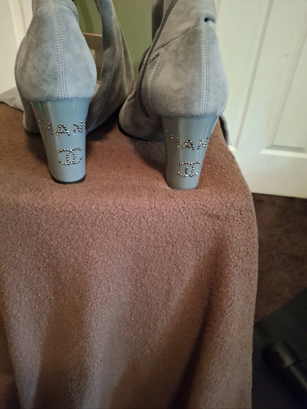 CHANEL Light Gray Suede Over-the-Knee Boots with Patent Toe Comes With Box.